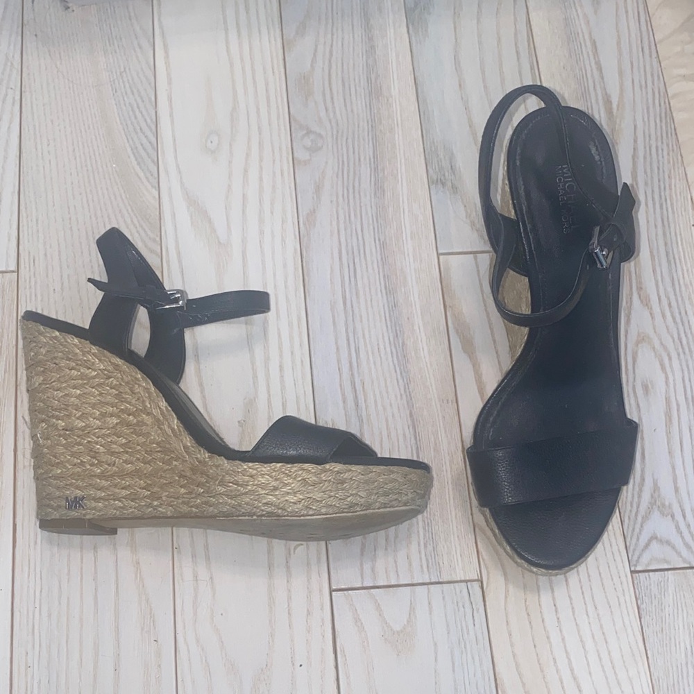 Michael Kors Black and Tan Wedge Espadrille Sandals